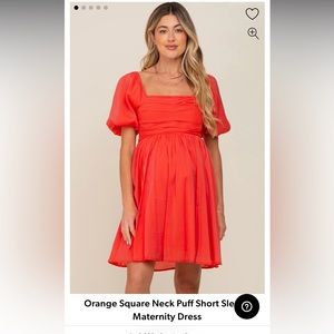 PINKBLUSH Orange Square Neck Puff Short Sleeve Maternity Dress